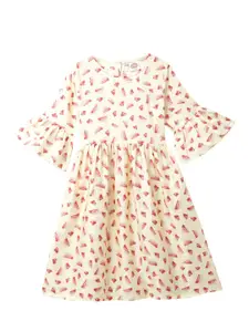 Cub McPaws Girls Yellow & Red Printed Bell Sleeved Dress