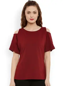 Miss Chase Maroon Cold Shoulder Pure Cotton Top