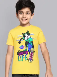 Kids Ville Boys Yellow Graphic Printed Pure Cotton T-shirt