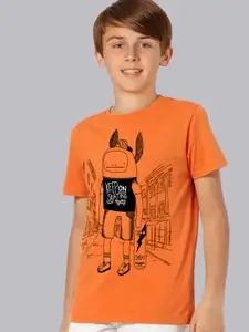 Kids Ville Boys Orange Graphic Printed Pure Cotton T-shirt