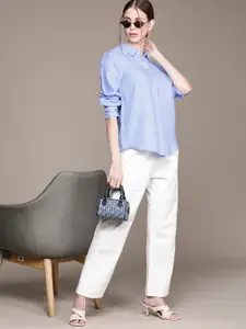 MANGO Women Blue Solid Linen Casual Shirt