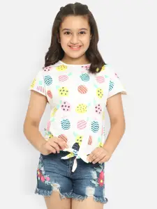 Natilene Girls White & Pink Conversational Print Extended Sleeves Pure Cotton Top