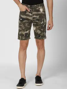 Peter England Casuals Men Olive Green Camouflage Printed Pure Cotton Shorts