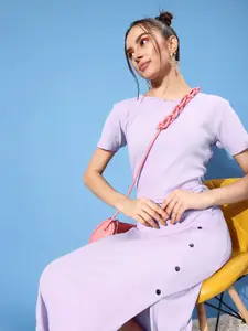 Moda Rapido Lavender Ribbed Sheath Midi Dress With Front Slit