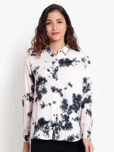 Indietoga Women Off-White & Charcoal Grey Classic Tie & Dye Printed High-Low Casual Shirt