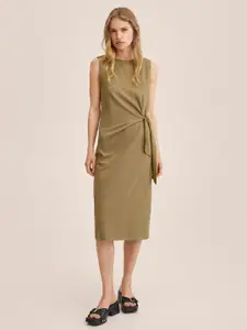 MANGO Women Olive Green Solid Waist Tie-Up Detail Sheath Midi Pure Cotton Dress