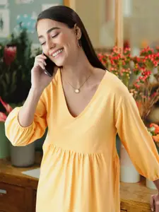 MANGO Yellow Pure Cotton Solid A-Line Dress
