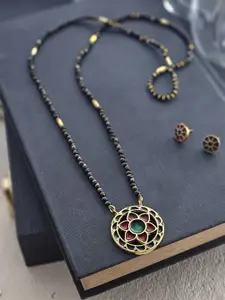 Binnis Wardrobe Silver-Plated Black & Red Stone-Studded Beaded Mangalsutra With Earrings