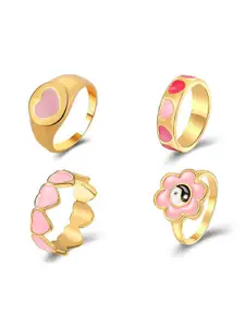 Jewels Galaxy Set Of 4 Gold-Plated Pink Enamelled Design Finger Ring