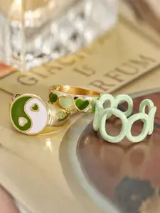 Jewels Galaxy Women Set Of 3 Gold-Plated & Green Design Detailed Finger Rings