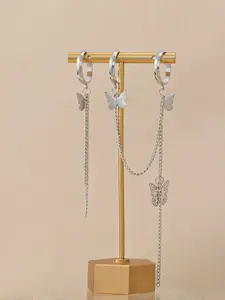 Jewels Galaxy Set Of 3 Silver-Plated Chained Finger Rings