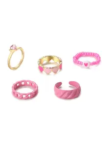 Jewels Galaxy Set of 5 Gold-Plated Pink Stone Studded Stackable Finger Rings