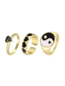 Jewels Galaxy Set of 3 Gold-Plated Black Stone Studded Stackable Finger Ring