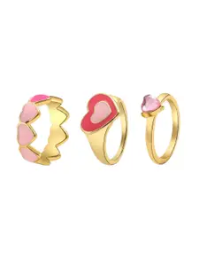 Jewels Galaxy Set Of 3 Gold-Plated & Pink Design Detailed Finger Rings