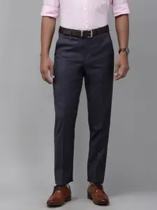 Van Heusen Men Blue Checked Custom Fit Mid-Rise Flat-Front Wool Blend Formal Trousers