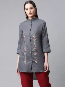 RIVI Grey Floral Embroidered Mandarin Collar Roll-Up Sleeves Longline Cotton Top