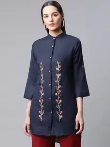 RIVI Navy Blue Floral Embroidered Mandarin Collar Roll-Up Sleeves Longline Cotton Top