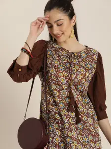 Sangria Women Brown & Blue Floral Printed Kurta