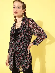 ANVI Be Yourself Women Black Floral Semi Sheer Printed Casual Shirt