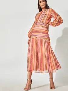 The Label Life Women Pink Multistripe High Yoke Midi Skirt