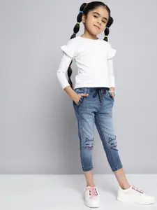 HERE&NOW Girls Blue Slim Fit Heavy Fade Embroidered Stretchable Cropped  Jeans