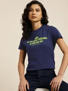 Moda Rapido Women Navy Blue Typography Printed T-shirt