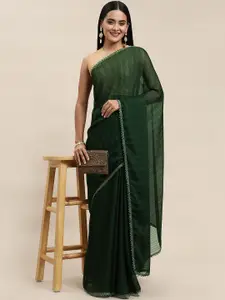 Shaily Green Striped Sequinned Pure Chiffon Saree
