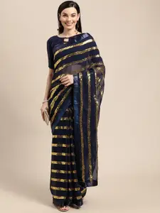VAIRAGEE Navy Blue & Gold-Toned Striped Sequinned Pure Georgette Saree