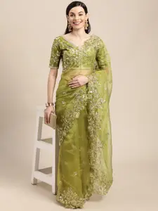 VAIRAGEE Green & Gold Floral Sequinned Organza Saree