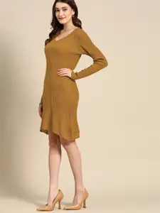 all about you Mustard Yellow Ribbed Acrylic V-Neck Sheath Dress