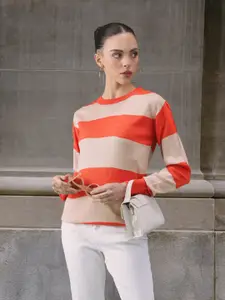 her by invictus Women Orange & Peach-Coloured Striped Acrylic Pullover