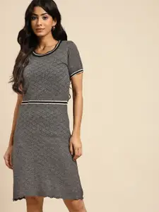all about you Charcoal Grey Self Design Jumper Dress