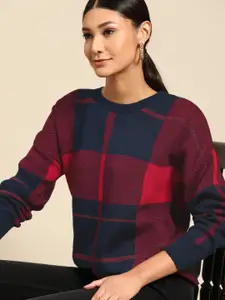 all about you Women Navy Blue & Red Checked Pullover