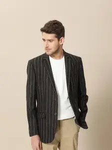 Mr Bowerbird Mr. Bowerbird Men Black Tailored-Fit Striped Single Breasted Smart Casual Blazer