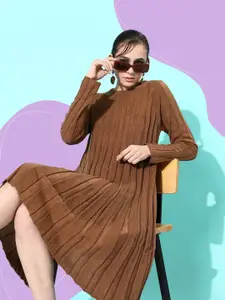 all about you Camel Brown Striped Knits Bits Cold Crush Sweater Dress