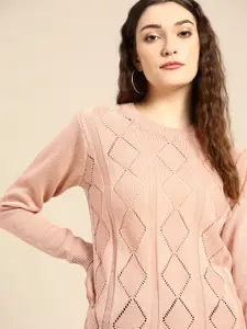 all about you Women Peach-Coloured Self Design Pullover