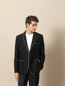 Mr Bowerbird Men Black & White Tailored Fit Striped Single-Breasted Casual Blazer