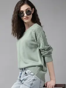 The Roadster Lifestyle Co. Women Green Round Neck Cable Knitted Pullover