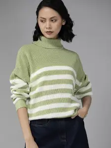 The Roadster Lifestyle Co. Women Green & White Striped Sweater
