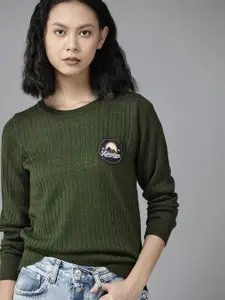 The Roadster Lifestyle Co. Women Green Cable Knit Pullover with Applique Detail
