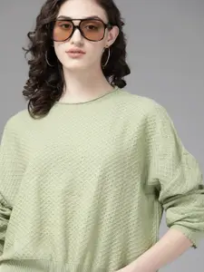 The Roadster Lifestyle Co. Women Green Textured Acrylic Drop-Shoulder Sleeves Pullover