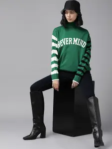 The Roadster Lifestyle Co. Women Green & White Typography Acrylic Pullover