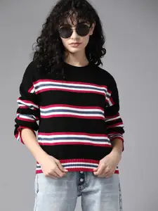 The Roadster Lifestyle Co. Women Black & Red Acrylic Striped Pullover