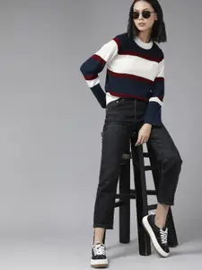 The Roadster Lifestyle Co. Women White & Navy Blue Striped Acrylic Turtle Neck Pullover