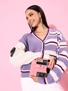 The Roadster Lifestyle Co. Acrylic V-Neck Striped Cardigan Sweaters