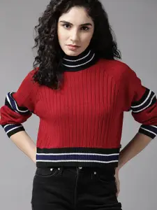 The Roadster Lifestyle Co. Women Maroon & Black Ribbed Acrylic Sweater