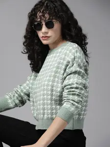 The Roadster Lifestyle Co. Women Green & White Acrylic Houndstooth Pattern Pullover