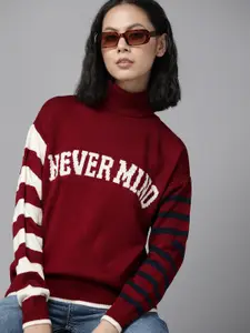 The Roadster Lifestyle Co. Women Maroon & White Typography Acrylic Pullover