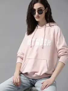 The Roadster Lifestyle Co. Women Pink & White Printed Applique Detailed Hooded Sweatshirt