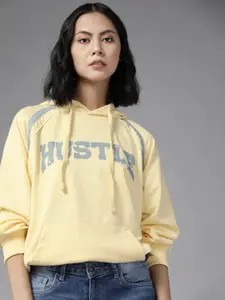 The Roadster Lifestyle Co. Women Yellow Typography Printed Hooded Sweatshirt